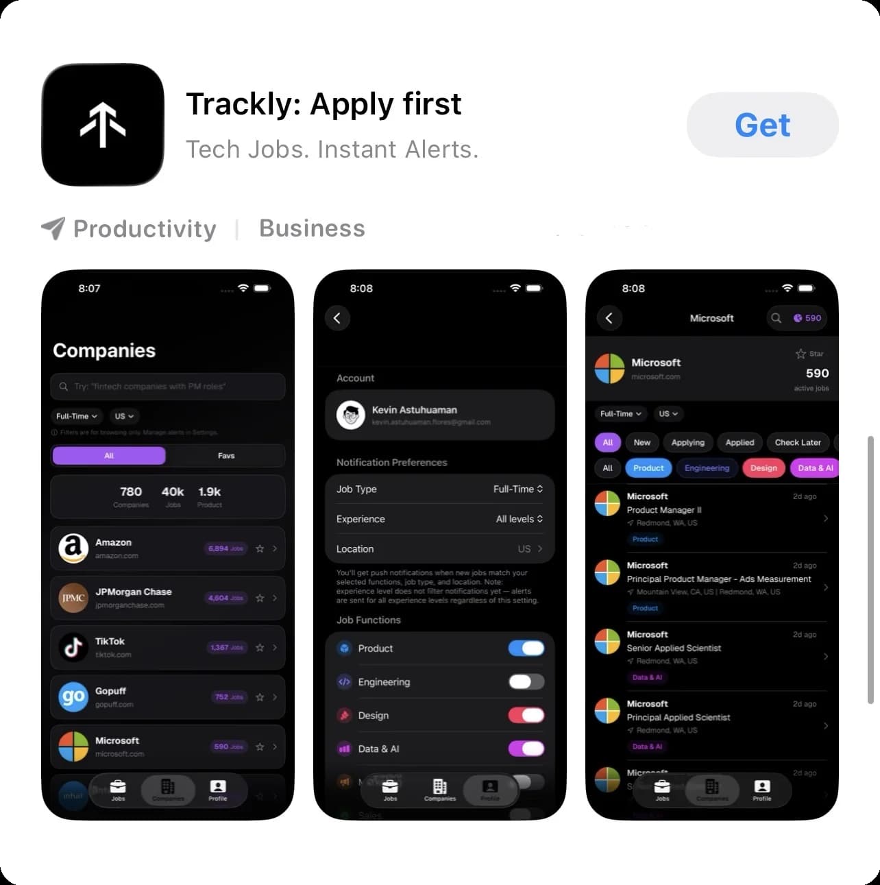 Trackly on the App Store — Companies, Preferences, and Job Feed views