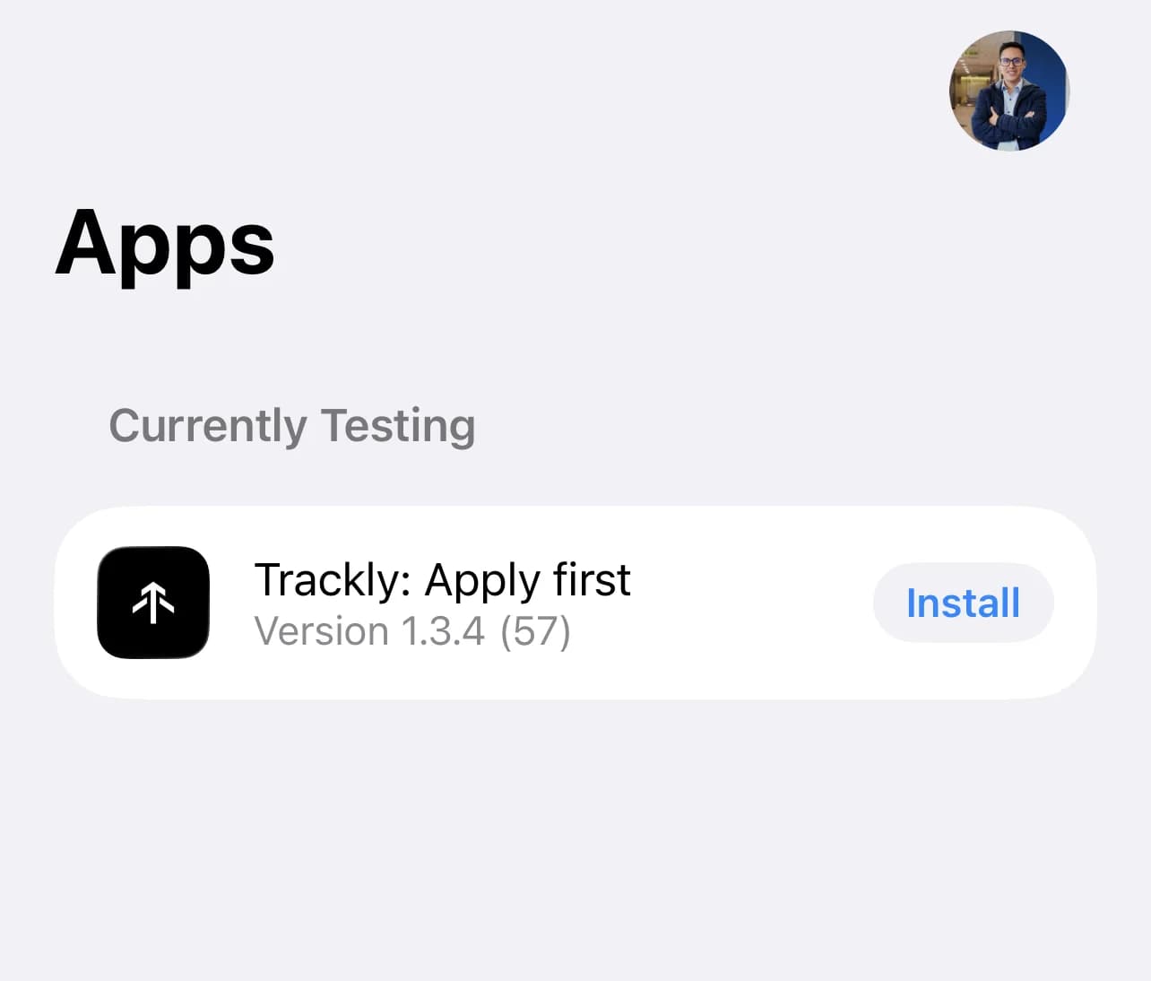 Trackly on iOS TestFlight — Currently Testing, version 1.3.4 build 57