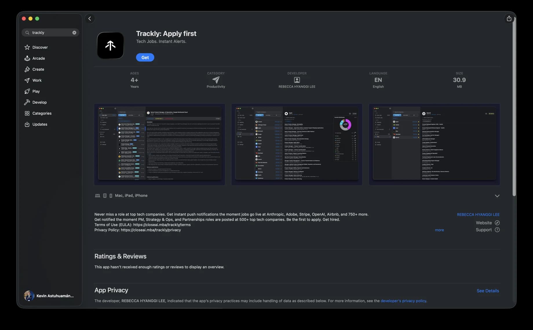 Trackly for macOS on the App Store — dark-themed job tracking interface with company logos and match scores