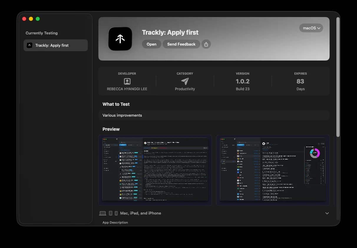 Trackly for macOS on TestFlight — beta testing with build details and testing notes
