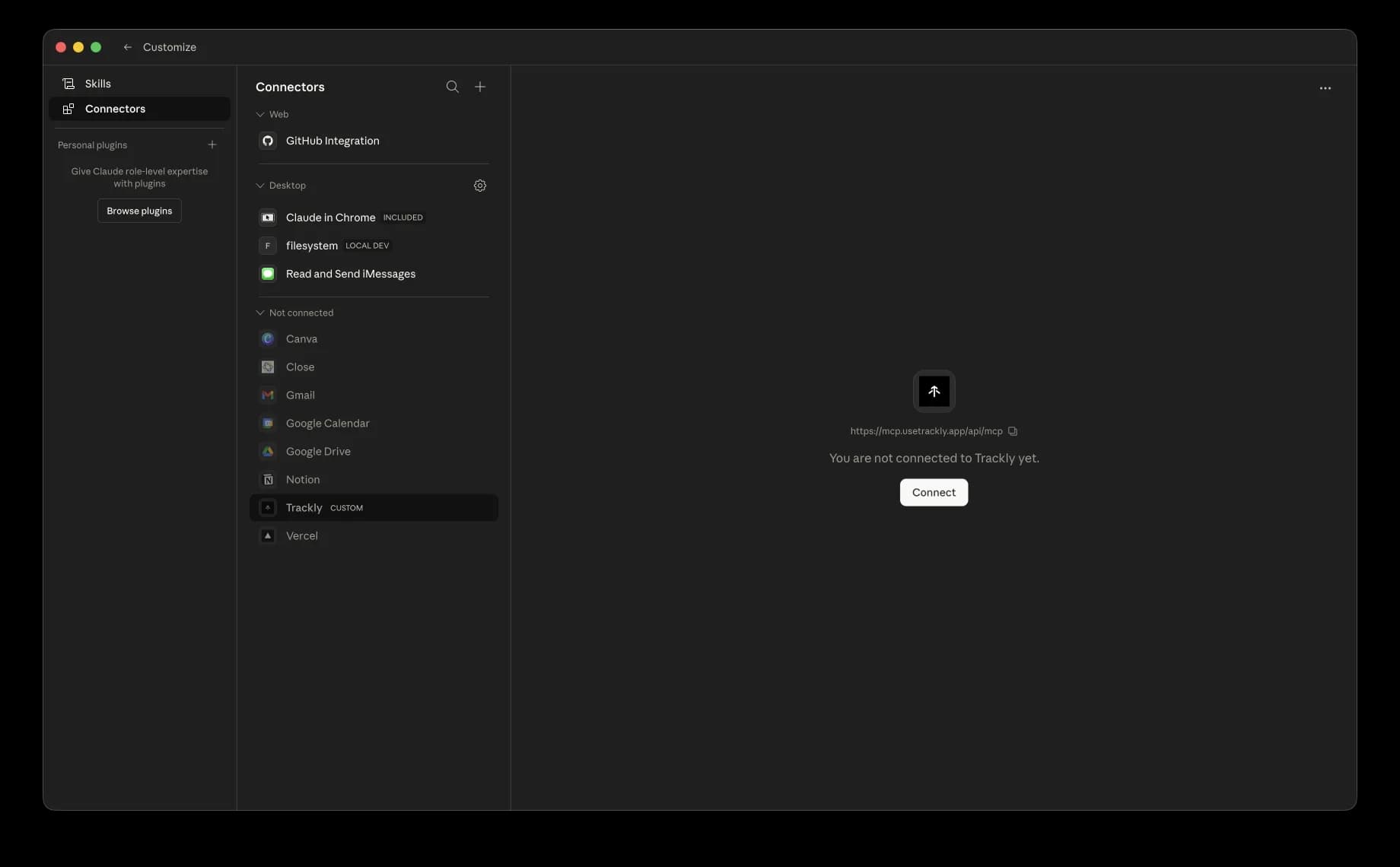Trackly connector detail pane with Connect button and MCP URL displayed