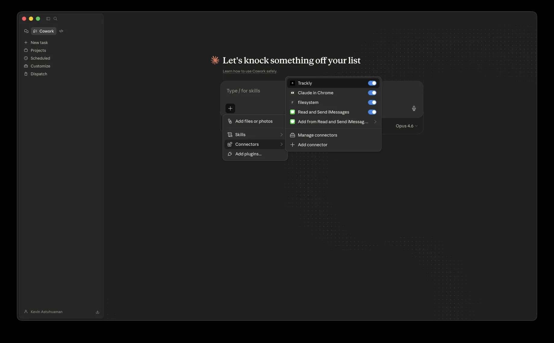 Co-Work chat interface with Connectors popover showing Trackly toggled on alongside Claude in Chrome and Filesystem