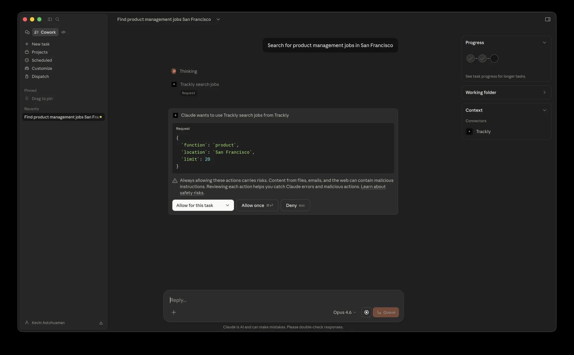 Co-Work task searching for product management jobs, showing Trackly search jobs tool request with Allow/Deny permission prompt