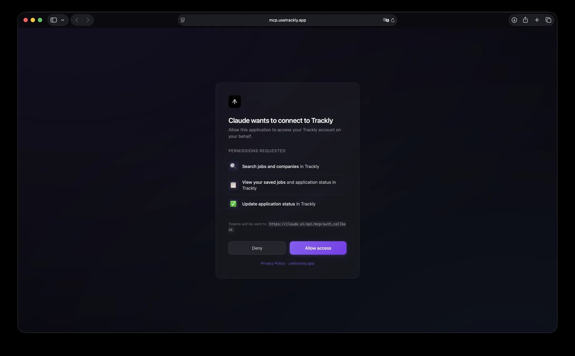 Trackly OAuth consent page in Safari: Claude wants to connect to Trackly, with permissions for searching jobs and companies, viewing saved jobs, and updating application status